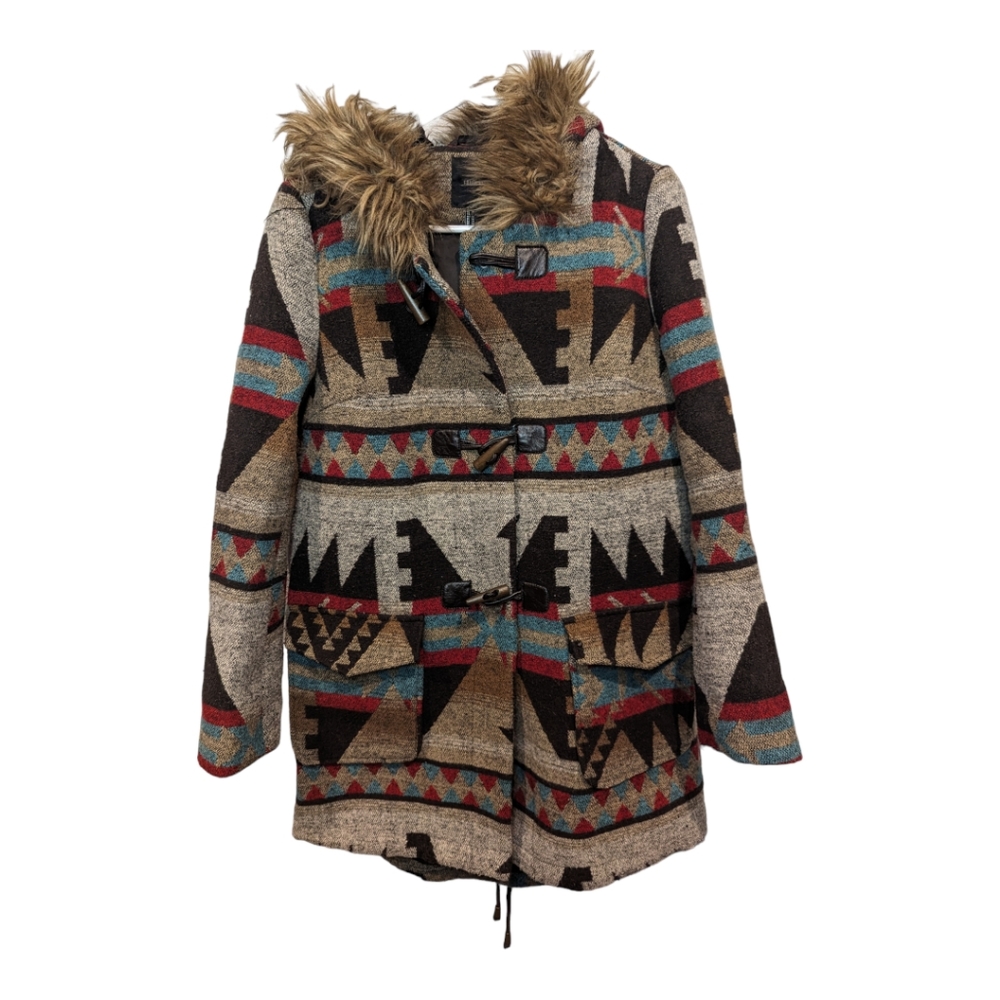 Forever 21 Aztec Wool blend Toggle Jacket with Faux Fur hood.  Size medium.